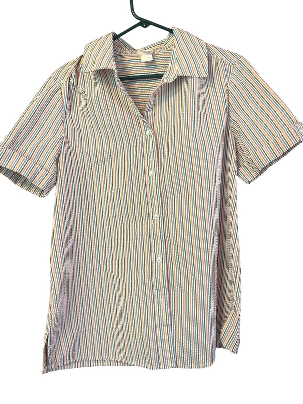 Vintage 80s American Sweetheart Pastel Stripe Short Sleeve Shirt Blouse L